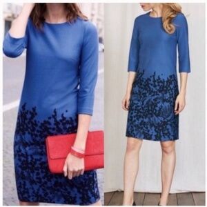 Boden Sheath Dress Stretch Ponte Fabric Blue Black Print 3/4 Sleeve Zip Back